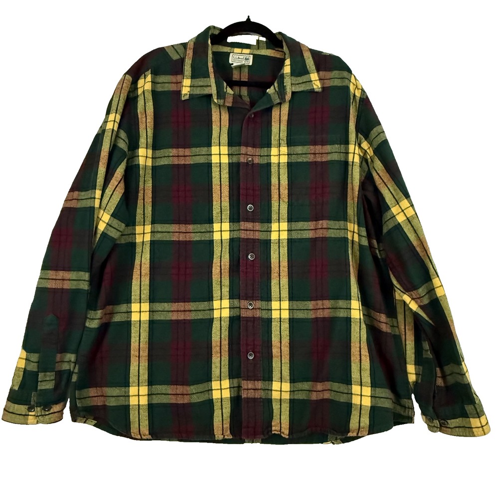 L.L. Bean Flannel Shirt Mens Extra Large Green Plaid Traditional Fit Long Sleeve